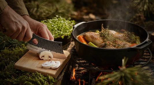Outdoor Cast-Iron Mushroom & Chicken Stew — Cooked in the Wild with HUUSK Forged Utility Knife