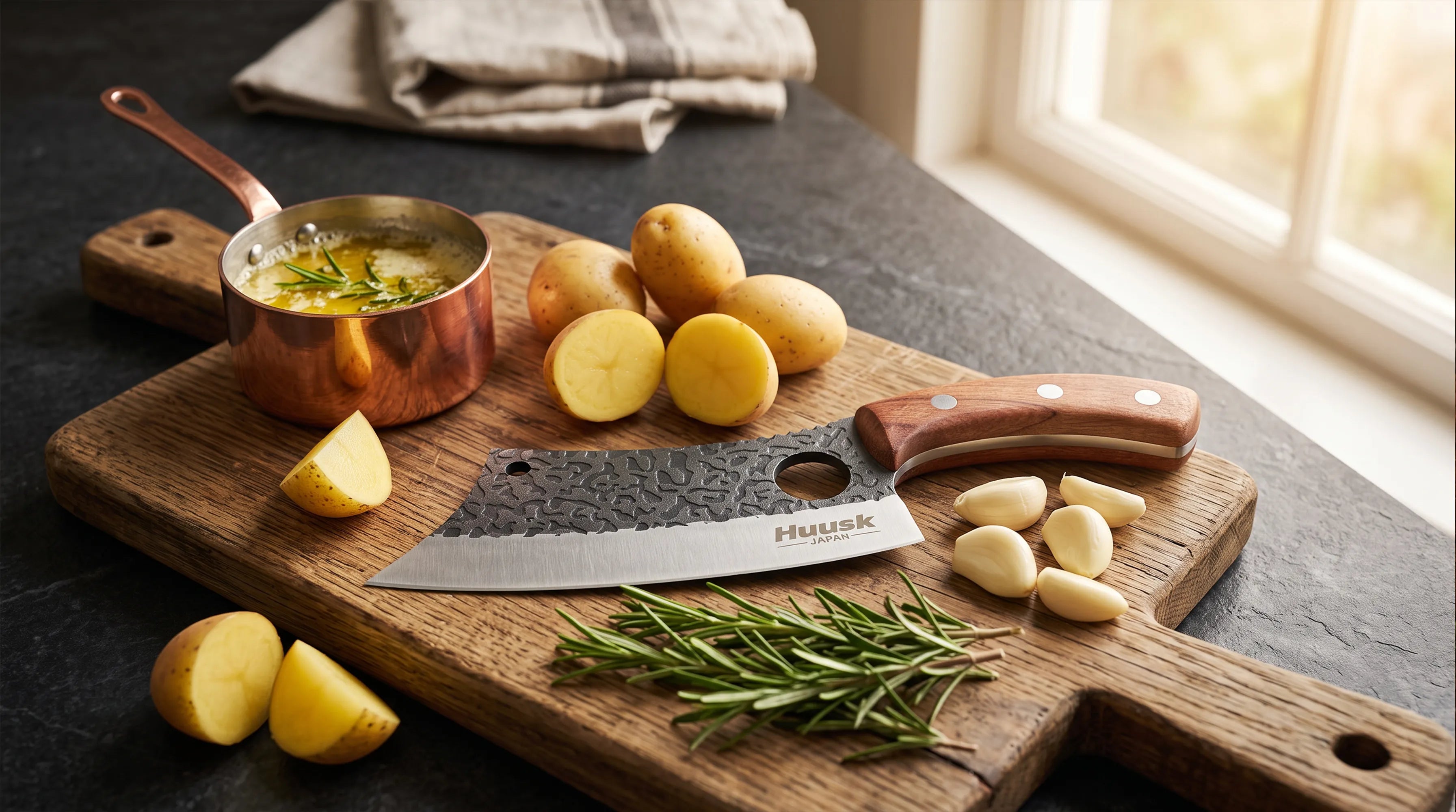 Crispy Garlic Butter & Rosemary Roasted Potatoes — Cut with HUUSK Hand-Forged Chef Knife