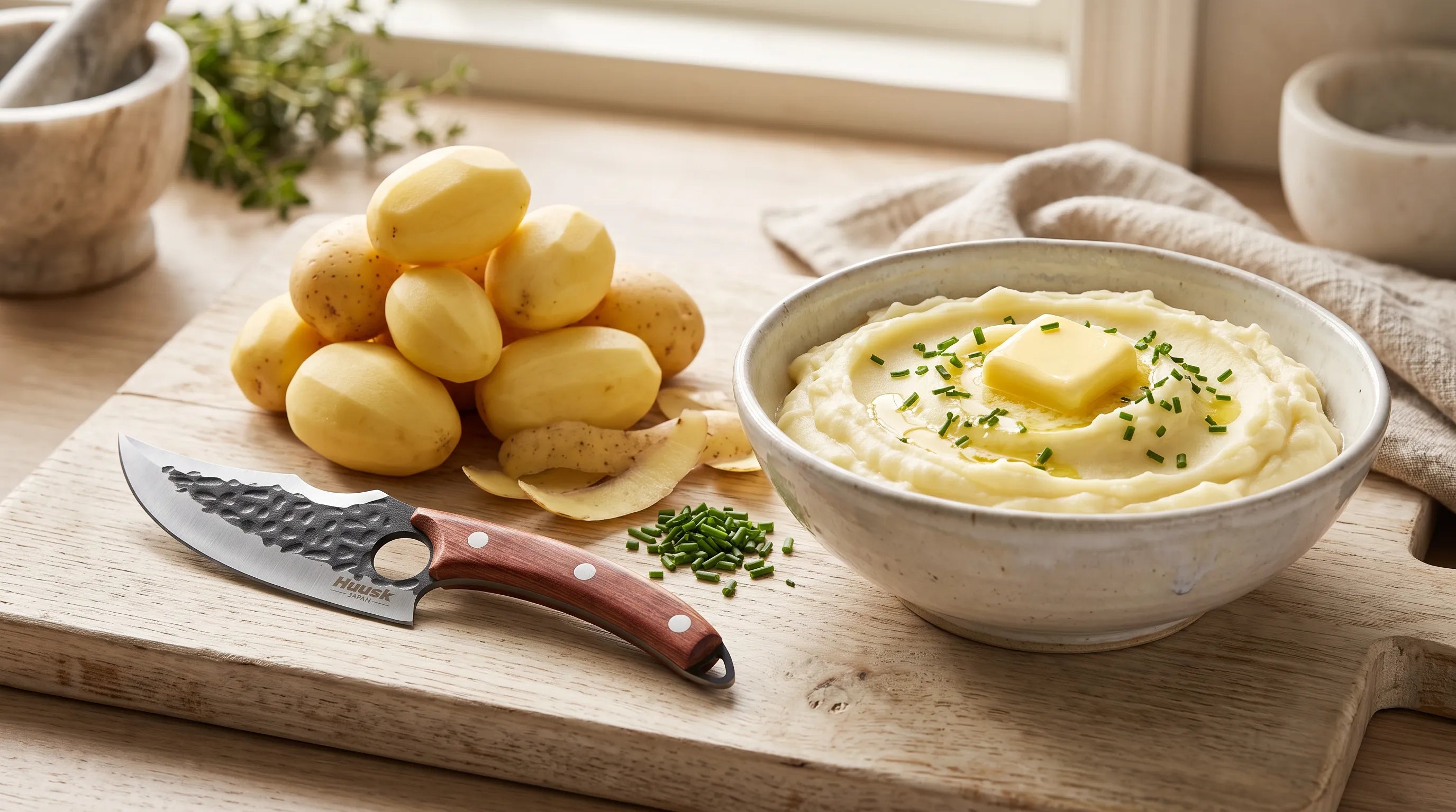 Classic French Creamy Mashed Potatoes (Purée de Pommes de Terre) — Prepared with HUUSK Forged Paring Knife