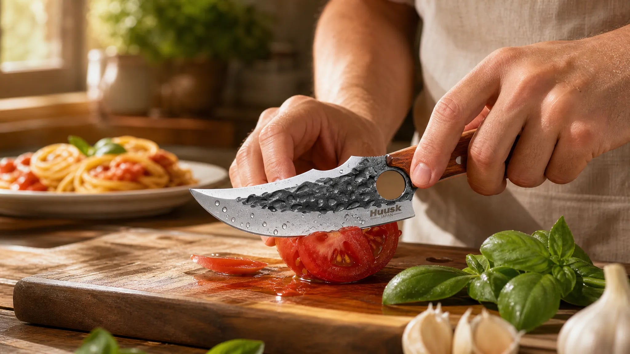 Fresh Tomato Basil Garlic Spaghetti — Sliced with HUUSK Precision Forged Paring Knife