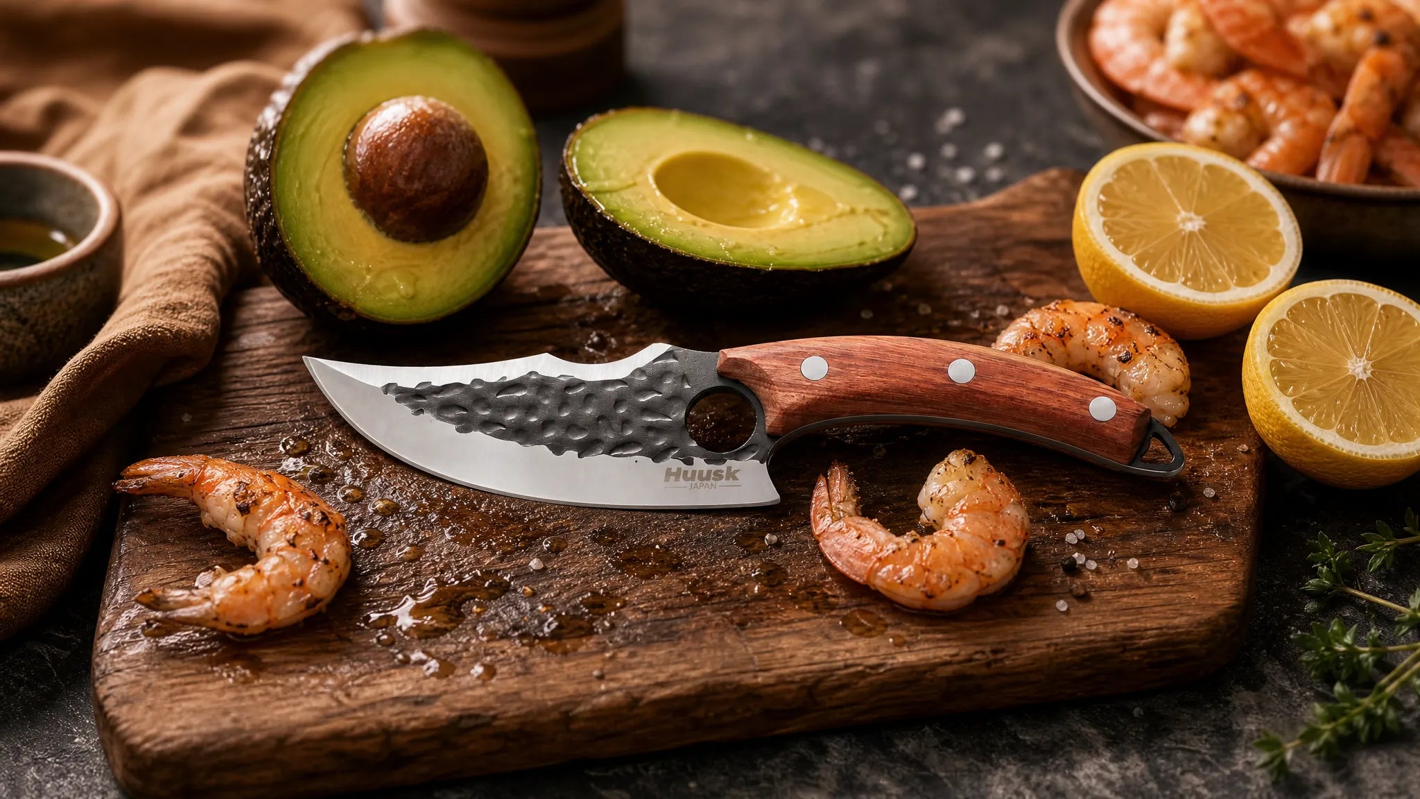 Creamy Avocado, Lemon & Garlic Shrimp Fresh Salad — Made with HUUSK Curved Forged Knife
