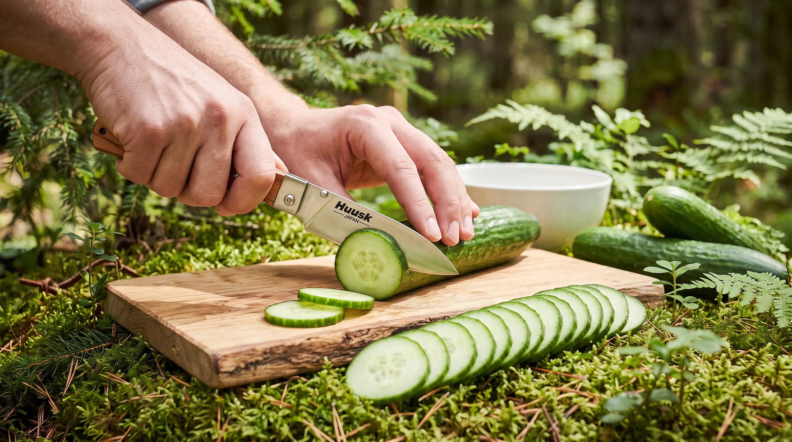 Crisp Garlic & Chilli Cucumber Cold Salad — Sliced with HUUSK Portable Folding Knife