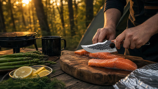 Campfire Foil-Baked Lemon Herb Salmon with Asparagus — Prepared with HUUSK Hand-Forged Curved Camp Knife