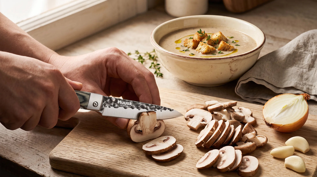 Silky Cream of Wild Mushroom Soup with Garlic Croutons — Sliced with HUUSK Forged Paring Knife