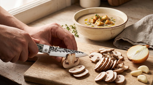 Silky Cream of Wild Mushroom Soup with Garlic Croutons — Sliced with HUUSK Forged Paring Knife