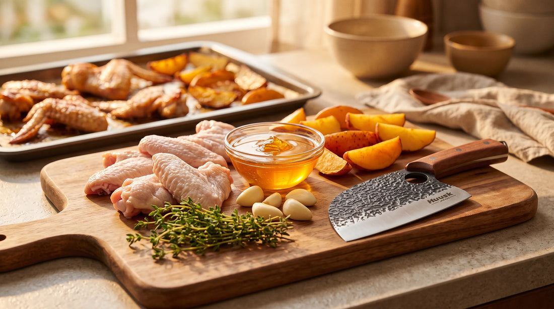 Sticky Honey Garlic Roasted Chicken Wings with Sweet Potato Wedges — Cut with HUUSK Forged Utility Knife