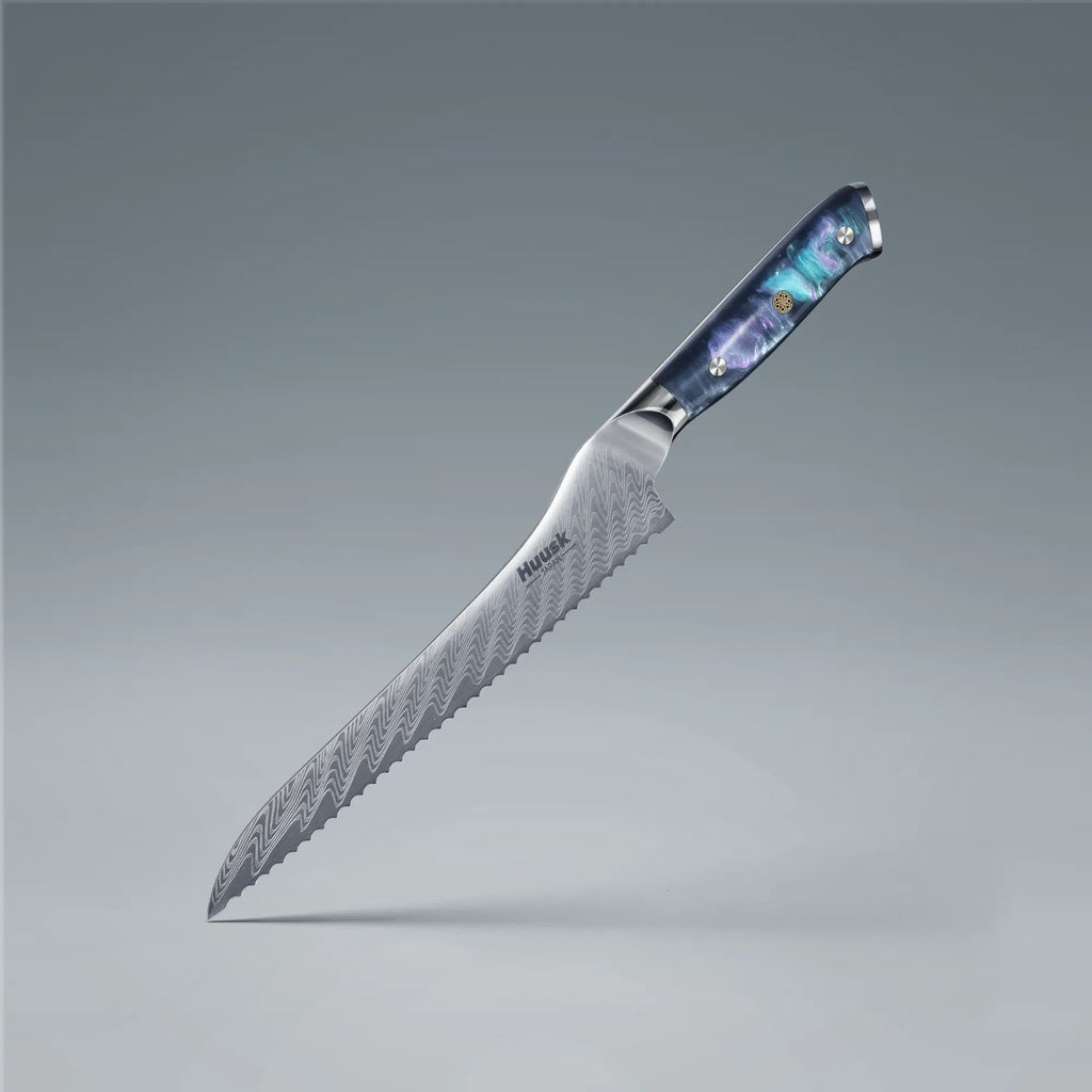 8.7-inch Damascus steel serrated bread knife with blue resin handle