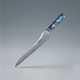 8.7-inch Damascus steel serrated bread knife with blue resin handle