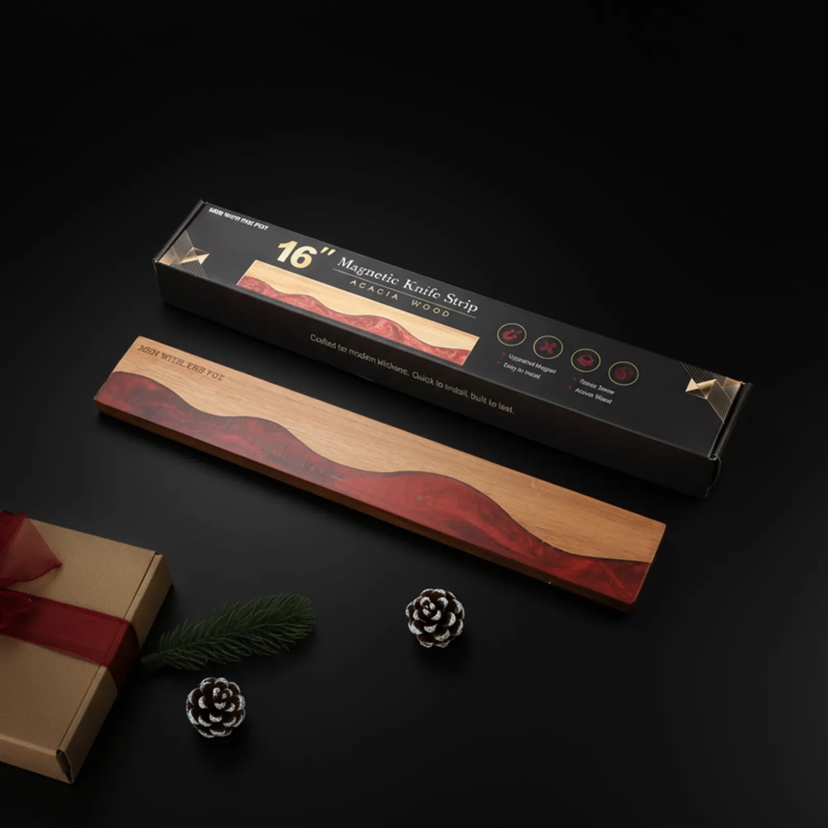 ember-red 16-inch magnetic knife strip with its gift box