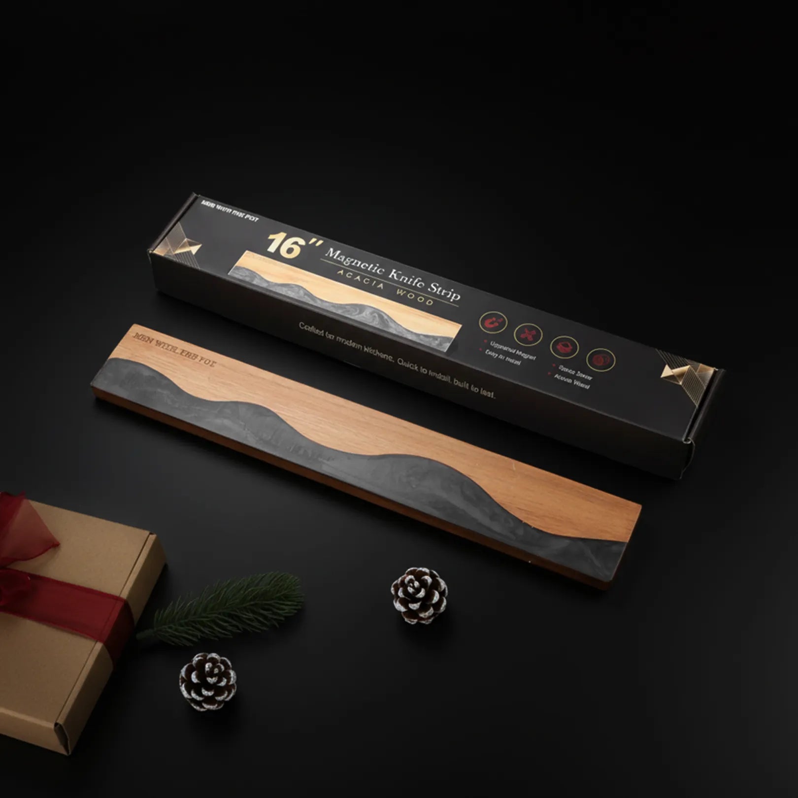 obsidian-black 16-inch magnetic knife strip with its gift box