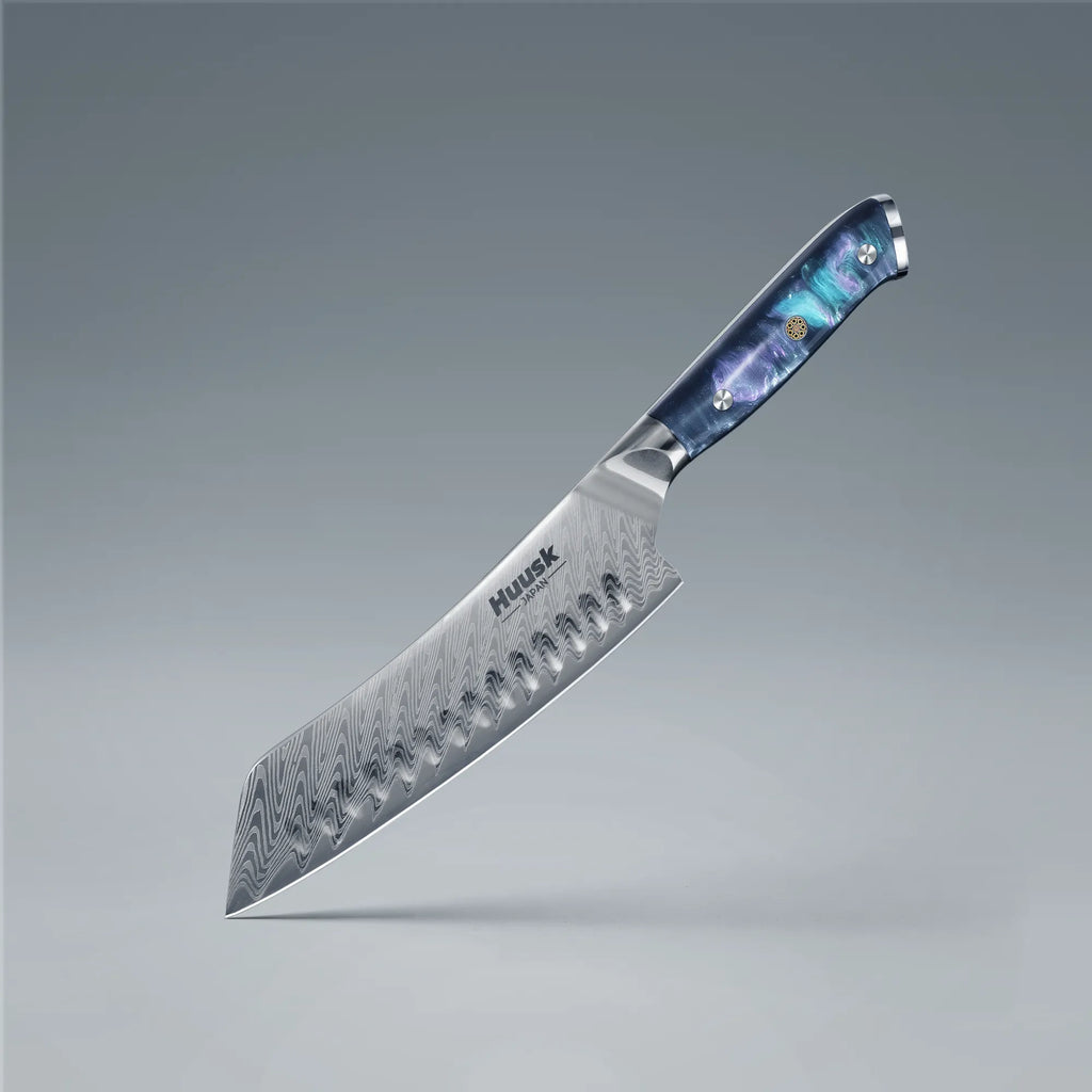 7-inch Damascus steel Santoku chef knife with blue resin handle