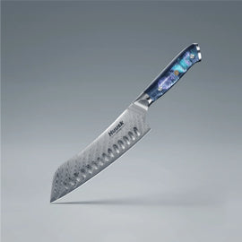 7-inch Damascus steel Santoku chef knife with blue resin handle