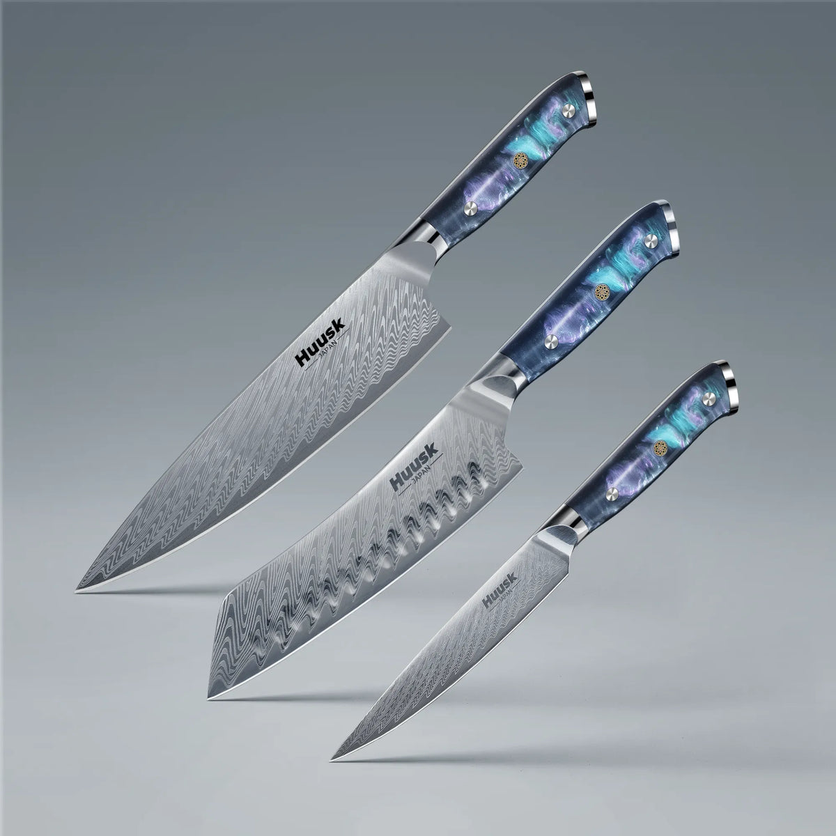 3-piece Damascus steel kitchen knife set with blue resin handles and sheaths Main image