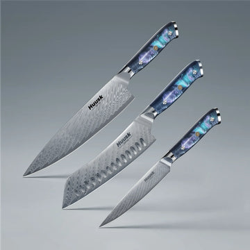 3-piece Damascus steel kitchen knife set with blue resin handles and sheaths