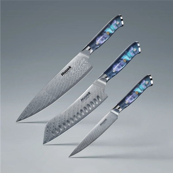 3-piece Damascus steel kitchen knife set with blue resin handles and sheaths