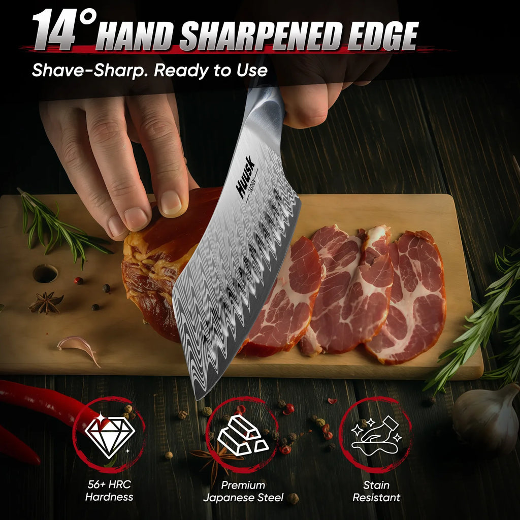 Damascus steel blade with Granton edge and wave pattern