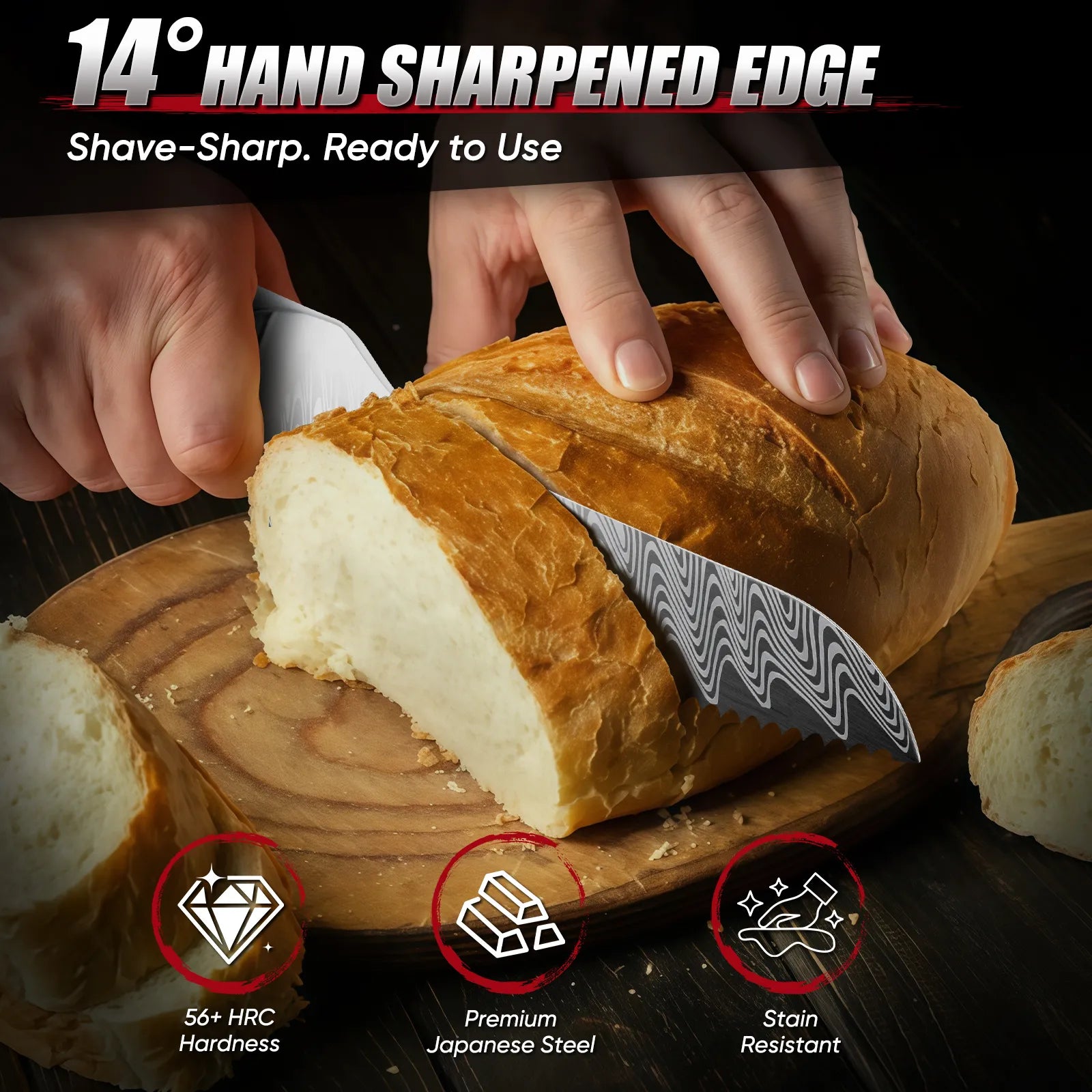 Damascus steel blade with precision serrated edge for bread slicing