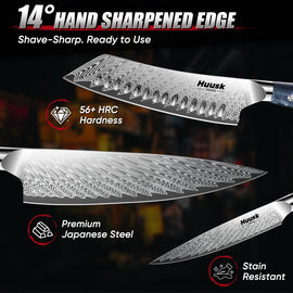 Damascus steel chef, santoku, and utility knives with decorative wave pattern