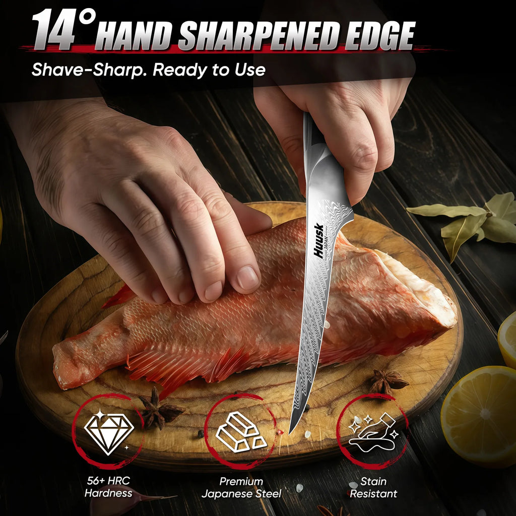 Damascus steel blade with narrow tapered profile for precise cutting