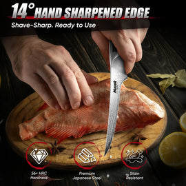 Damascus steel blade with narrow tapered profile for precise cutting