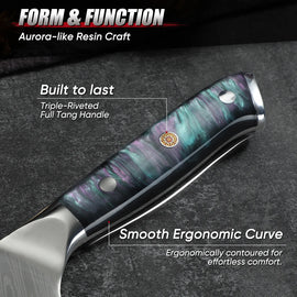 Blue resin handle with decorative design and full tang construction