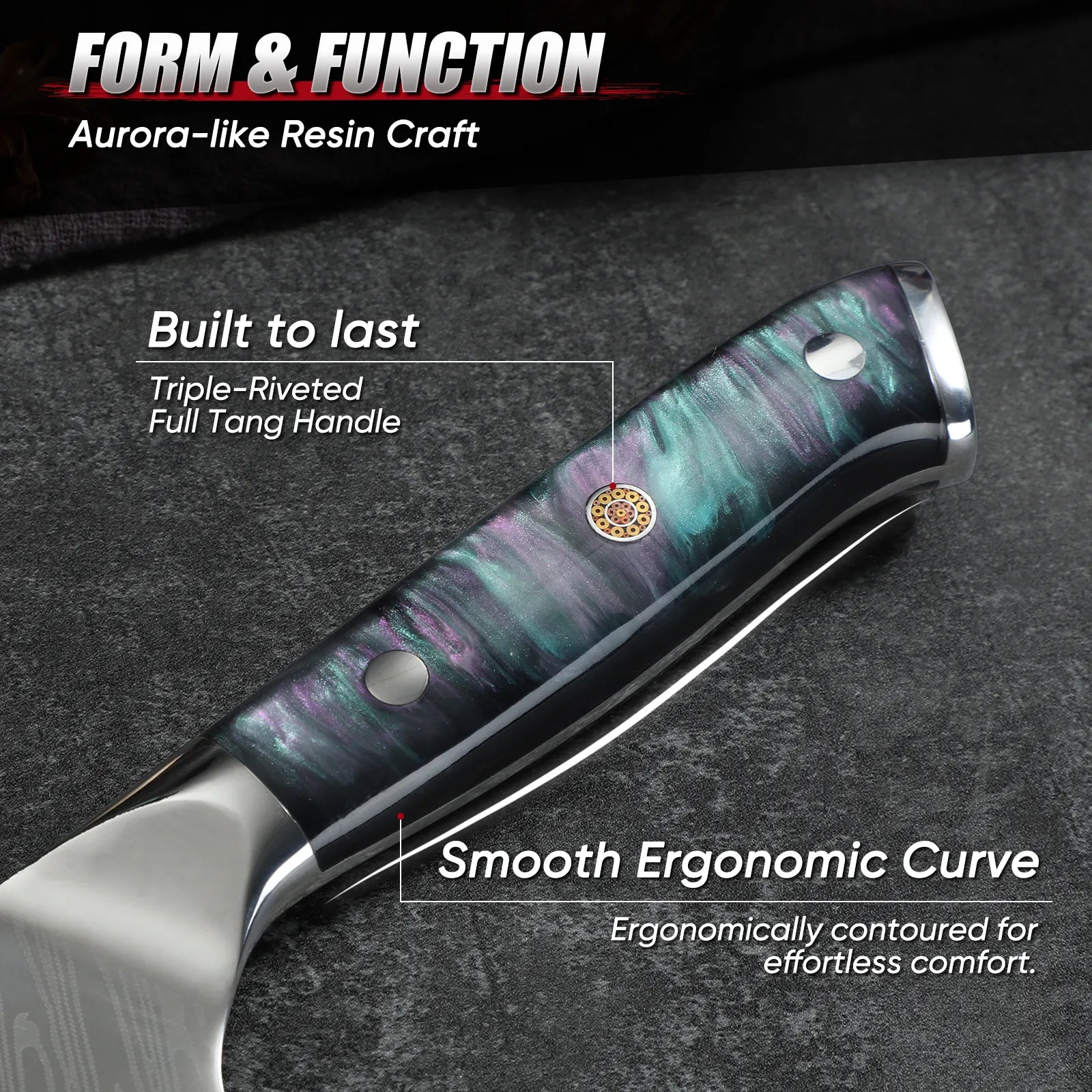 Blue resin handle with decorative design and full tang construction