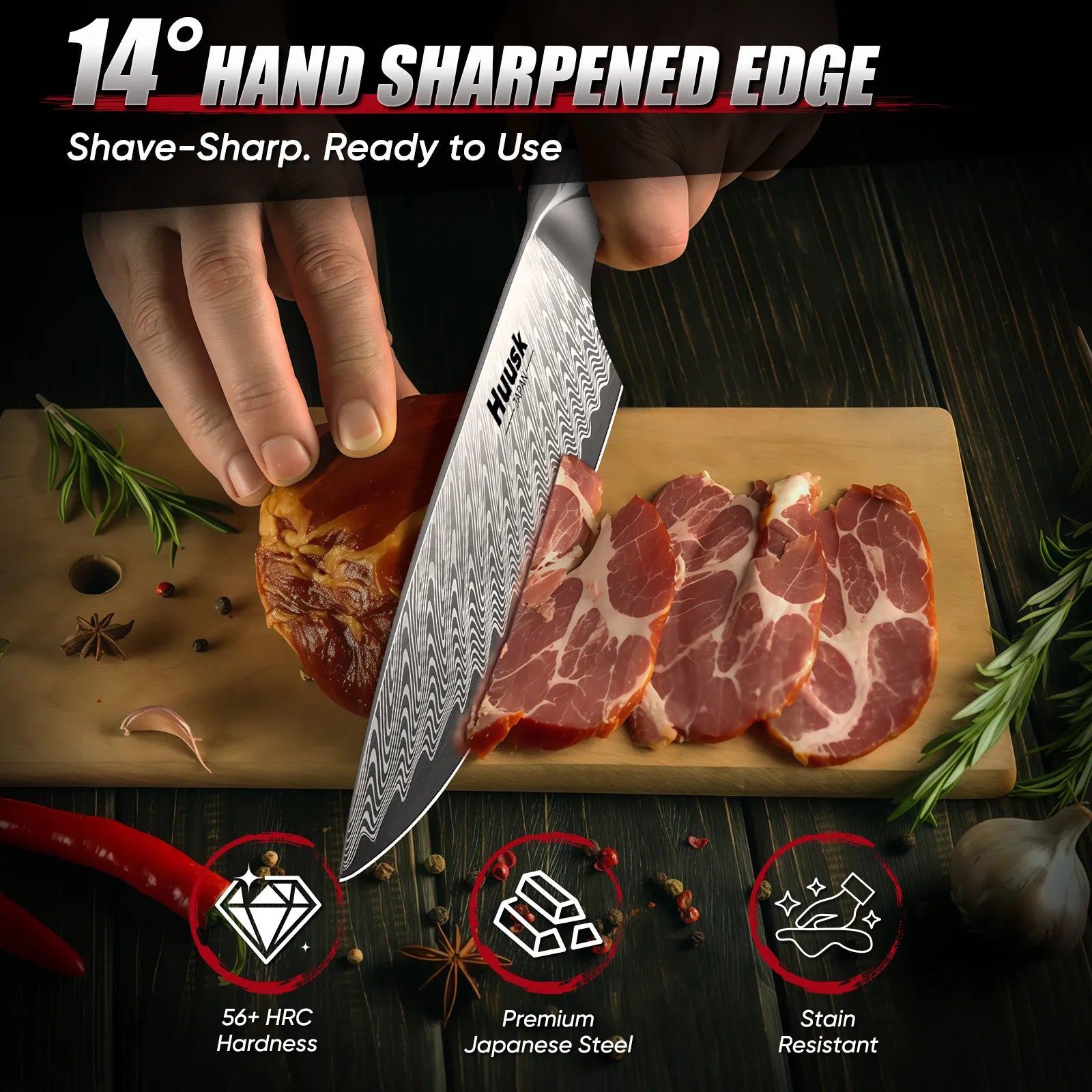 Chef knife slicing vegetables on cutting board in kitchen