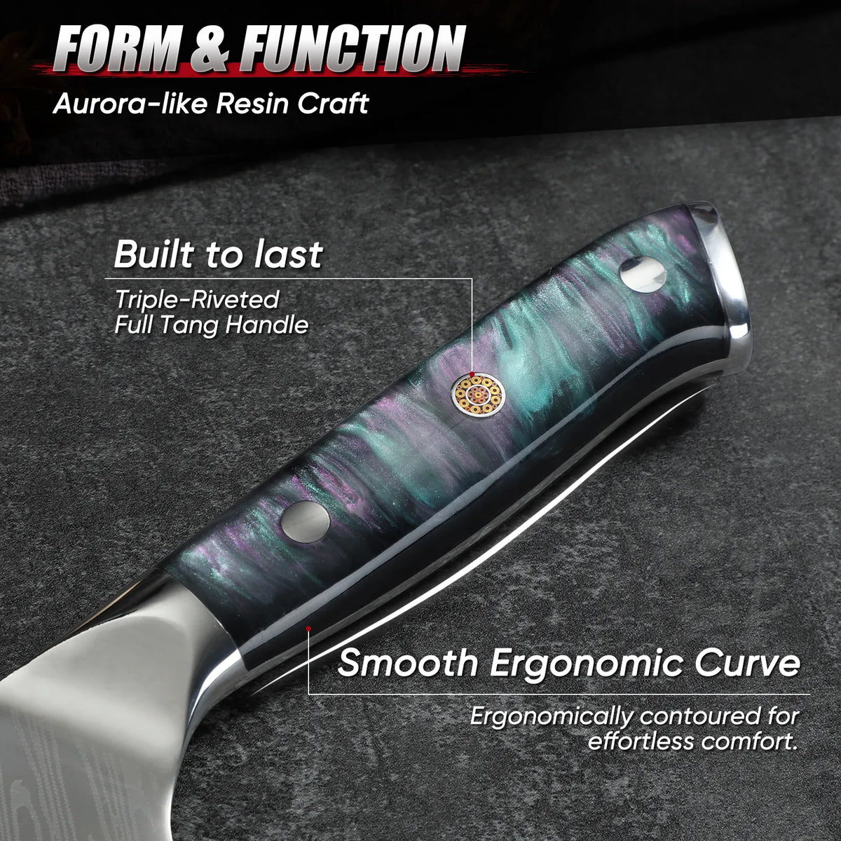 Blue resin handle with decorative design and full tang construction