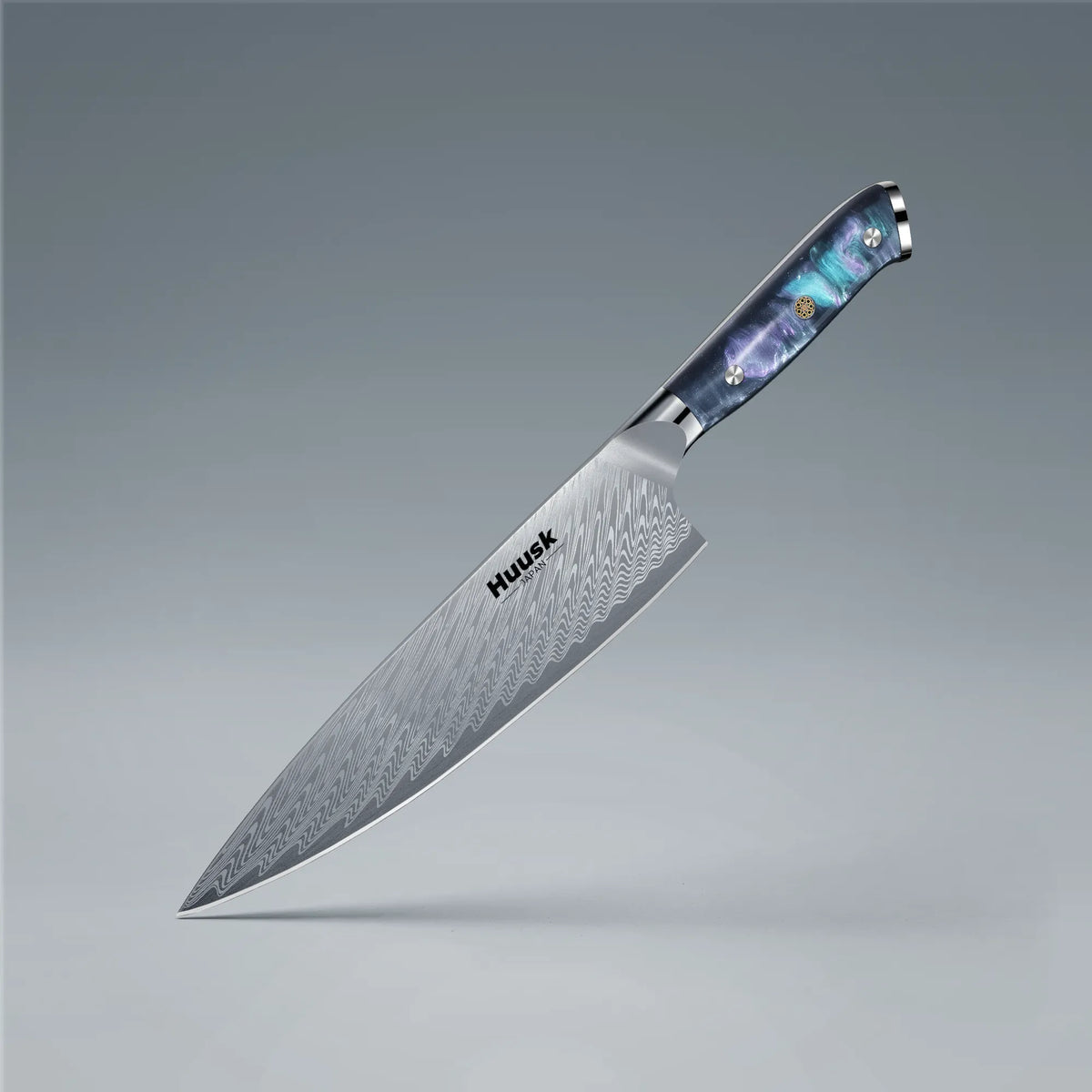 8-inch Damascus steel chef knife with blue resin handle and protective sheath