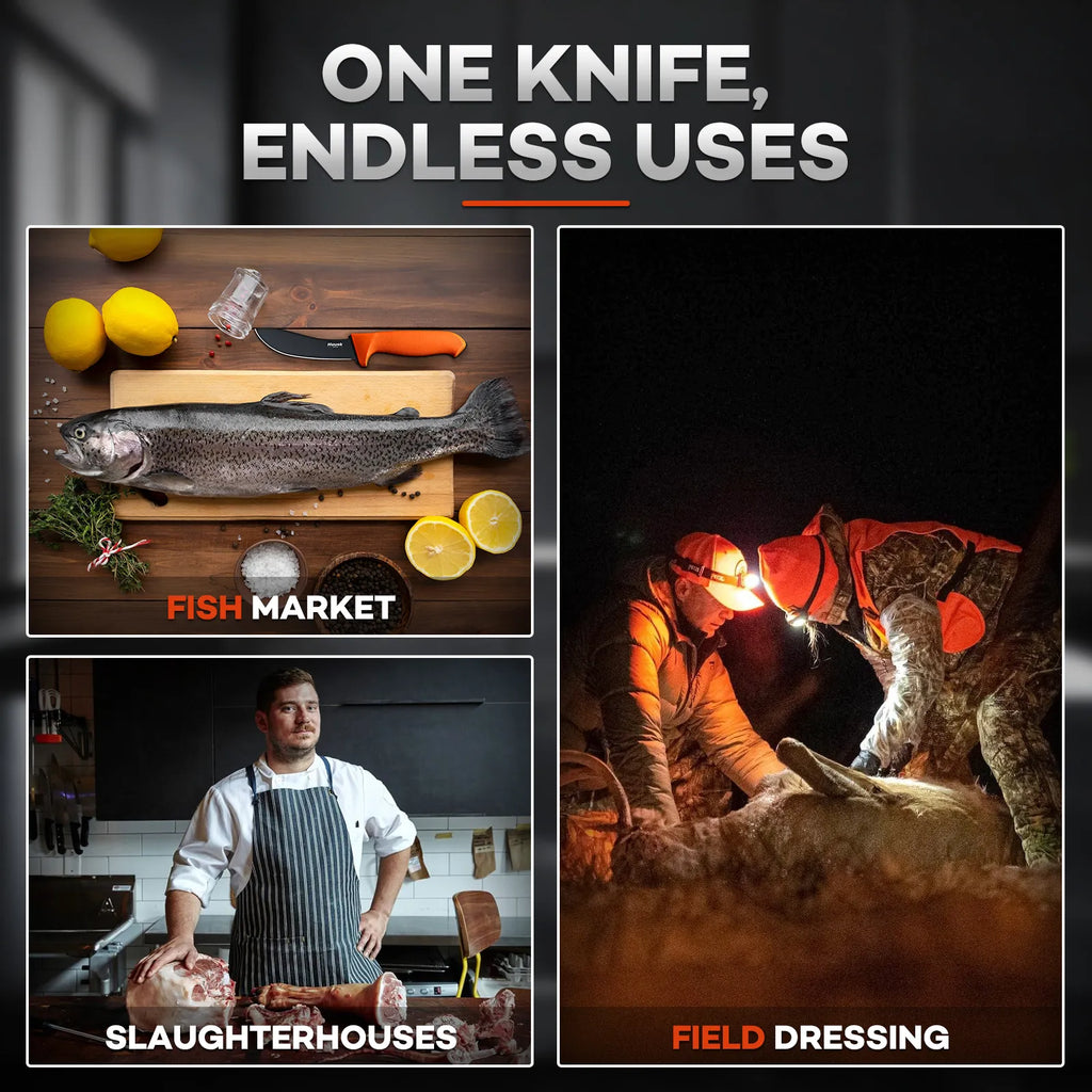 Huusk Orange Skinning Knife - Ergonomic Handle and Blade Detail