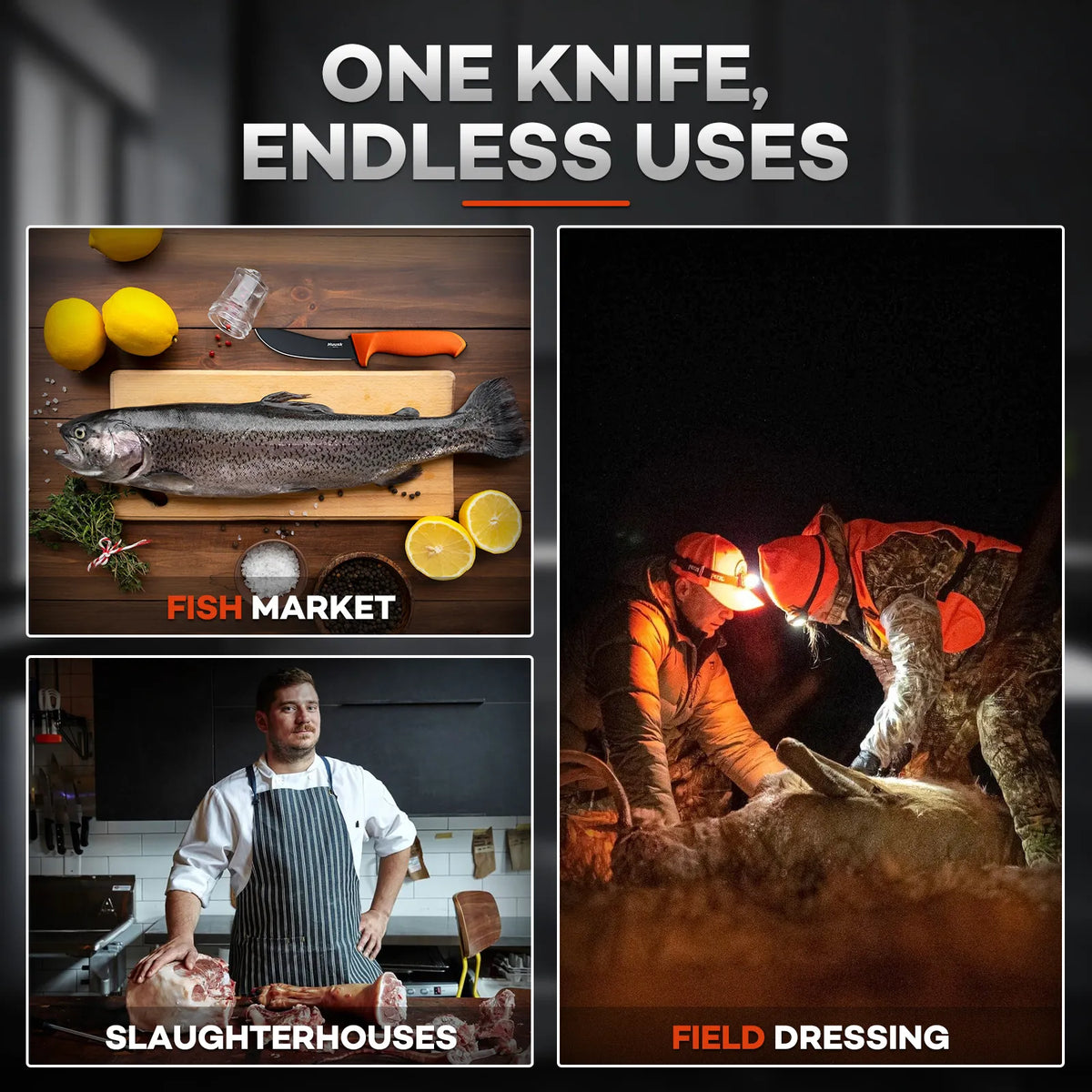 Huusk Orange Skinning Knife - Ergonomic Handle and Blade Detail
