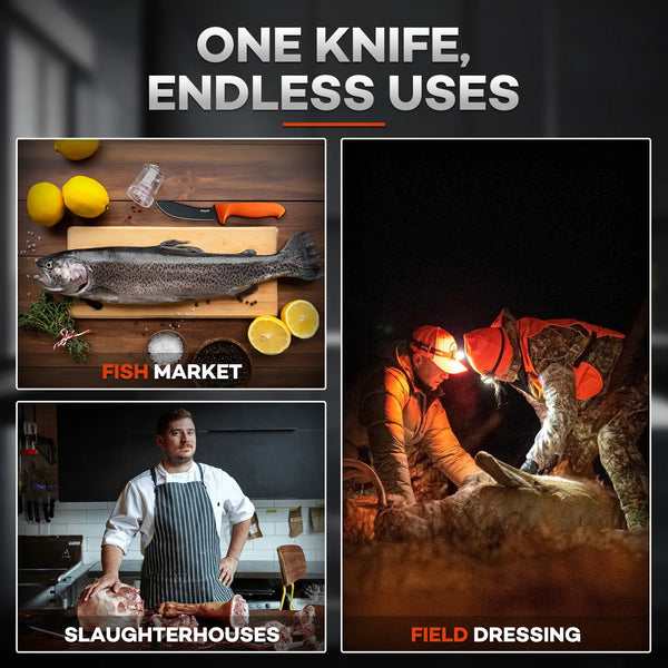Huusk Orange Skinning Knife - Ergonomic Handle and Blade Detail