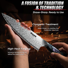 Close-up of Damascus steel blade pattern and razor-sharp edge
