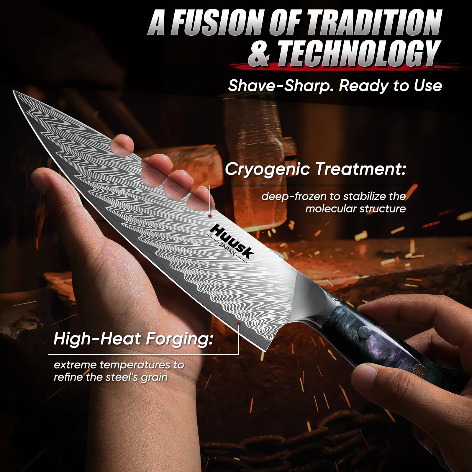 Close-up of Damascus steel blade pattern and razor-sharp edge