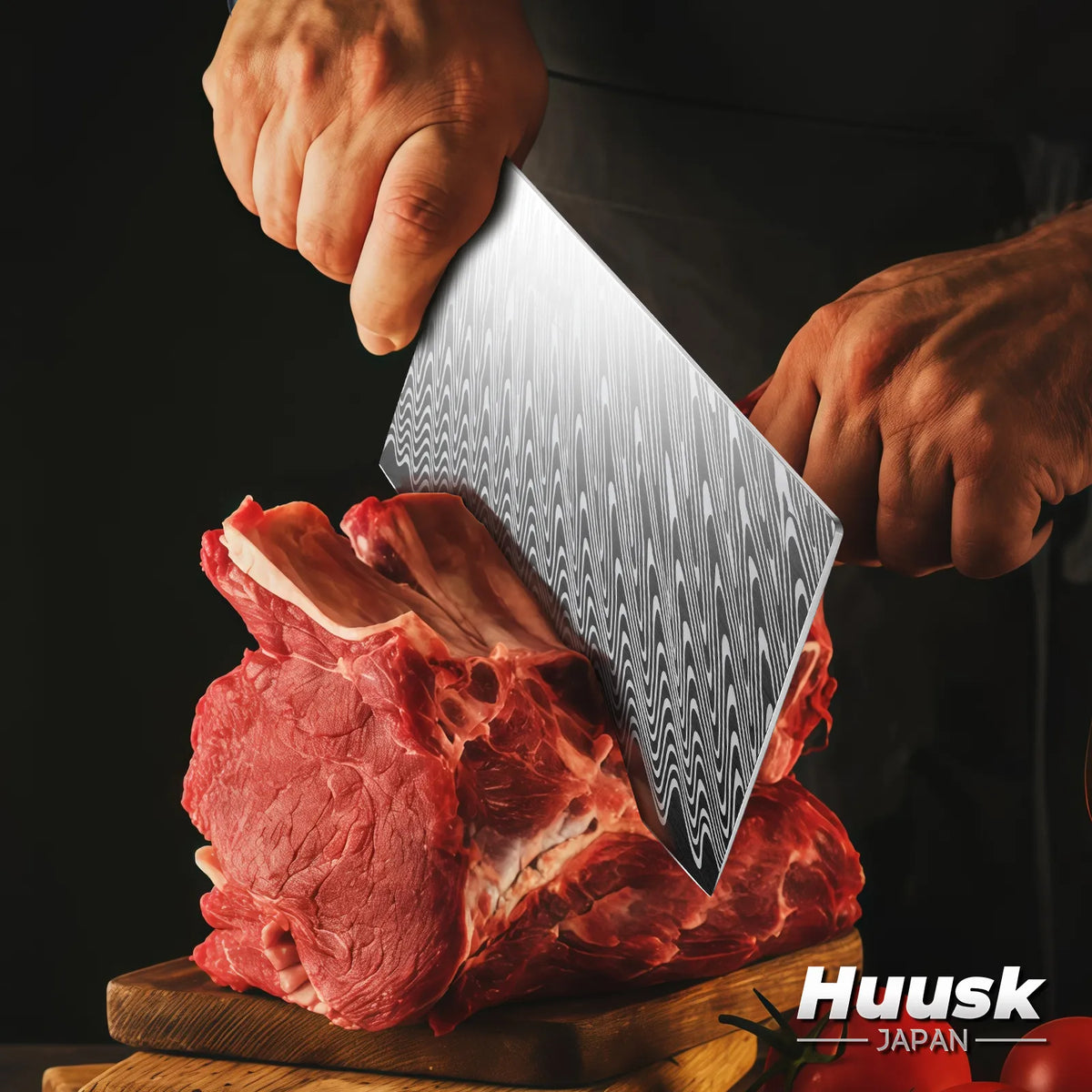 Chef cleaver knife cutting vegetables on cutting board