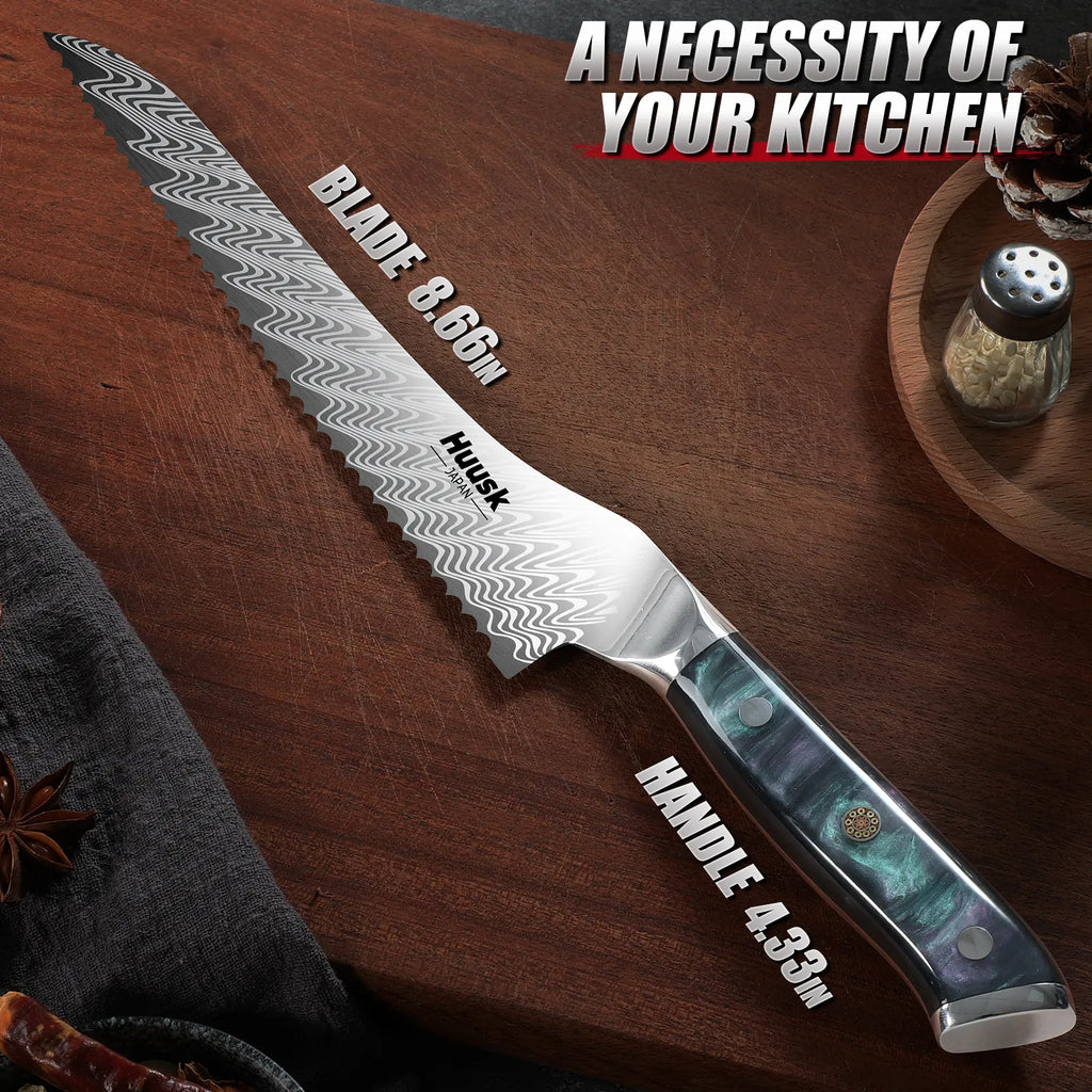 Close-up of Damascus steel serrated blade pattern