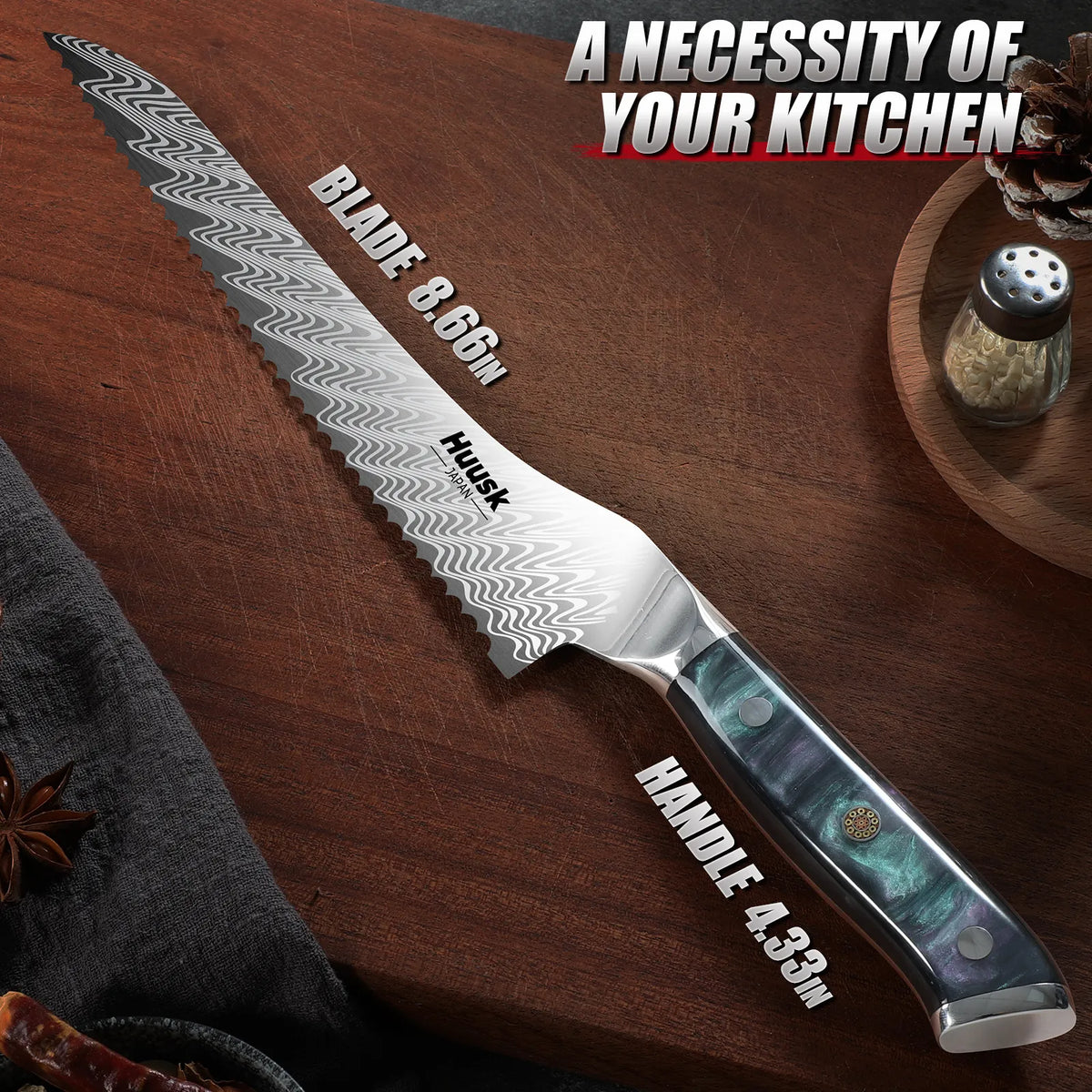 Close-up of Damascus steel serrated blade pattern