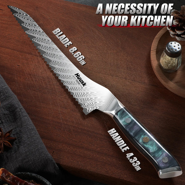 Close-up of Damascus steel serrated blade pattern