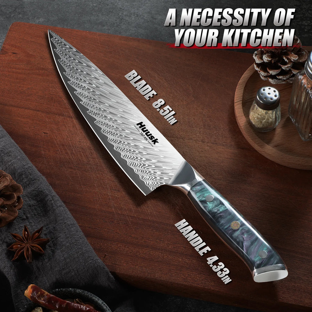 Full view of 8-inch Damascus chef knife with sheath and specifications