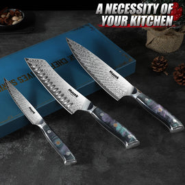 Close-up of Damascus steel blade patterns on knife set