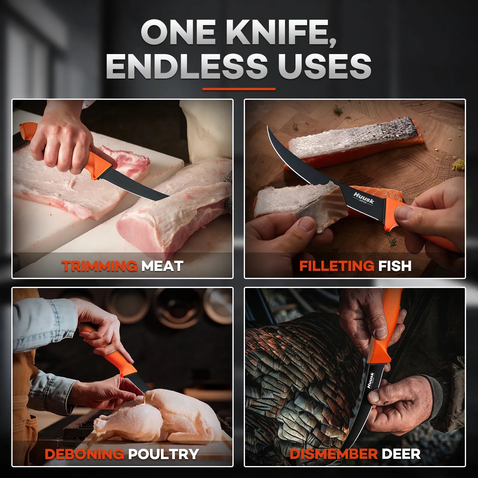 Huusk Orange Boning Knife - Ergonomic Handle Detail