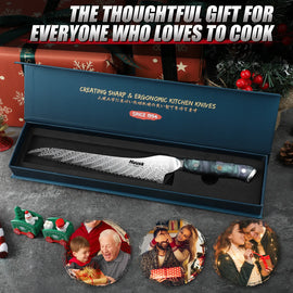 Full view of 8.7-inch Damascus serrated bread knife with specifications