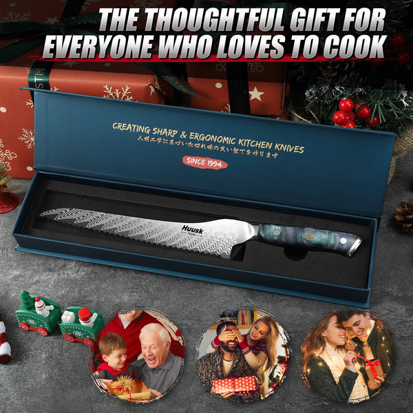 Full view of 8.7-inch Damascus serrated bread knife with specifications