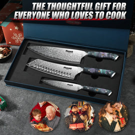 Full view of 3-piece Damascus steel kitchen knife set with specifications