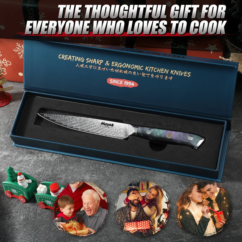Full view of 5-inch Damascus utility knife with specifications