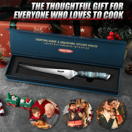 Full view of 7.3-inch Damascus flexible knife with specifications