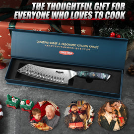 Full view of 7-inch Damascus Santoku knife with specifications