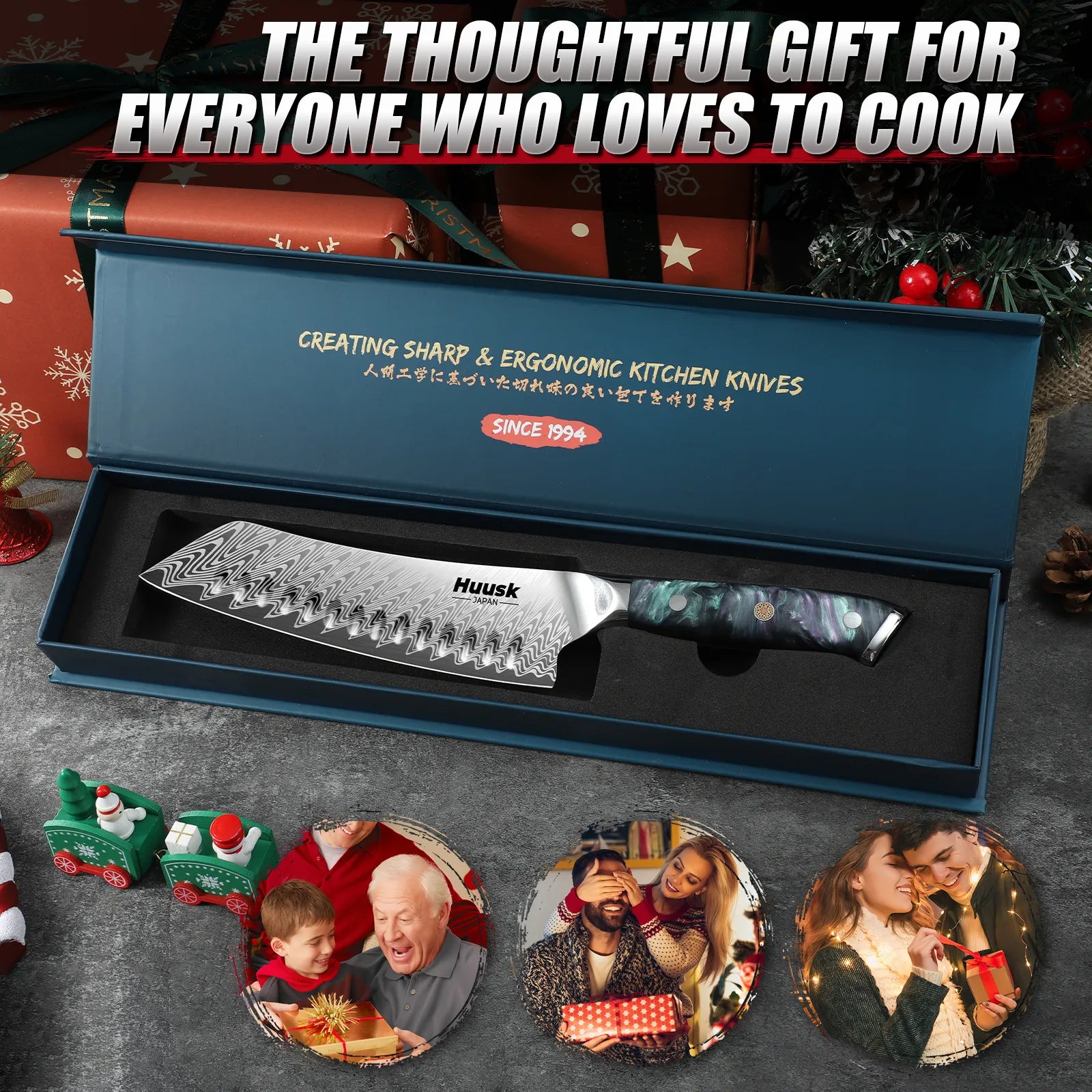 Full view of 7-inch Damascus Santoku knife with specifications