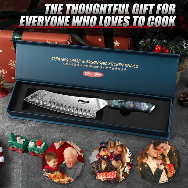 Full view of 7-inch Damascus Santoku knife with specifications