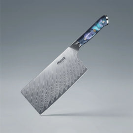 7-inch Damascus steel chef cleaver knife with blue resin handle